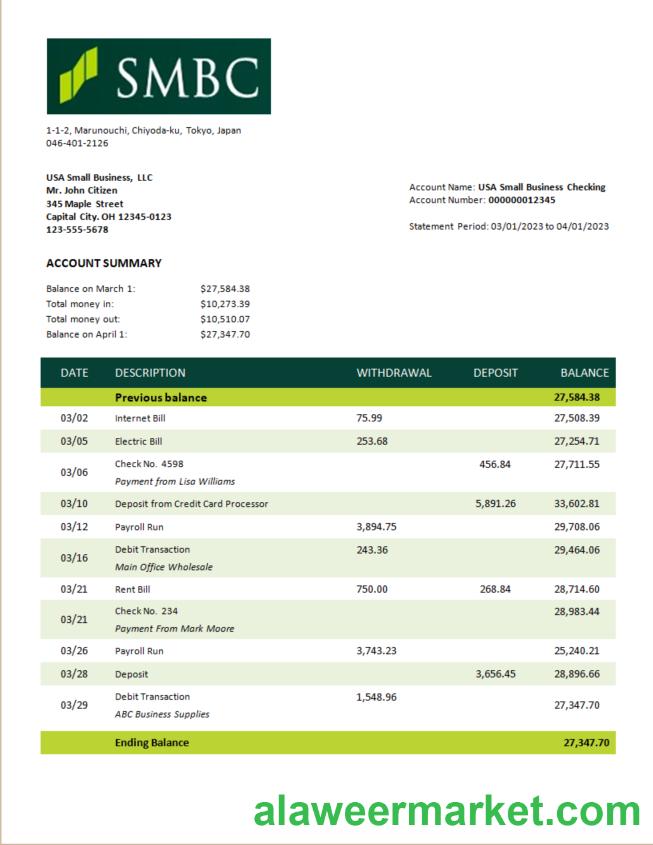SMBC Bank firm account statement Word and PDF template